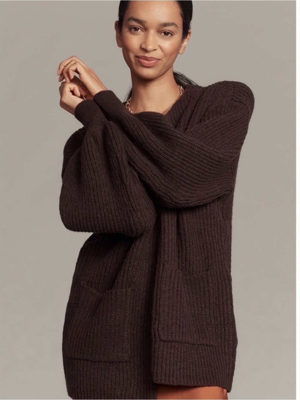 Anthropologie FLAT WHITE Oversized Chocolate Brown Knit Cardigan Sweater OS